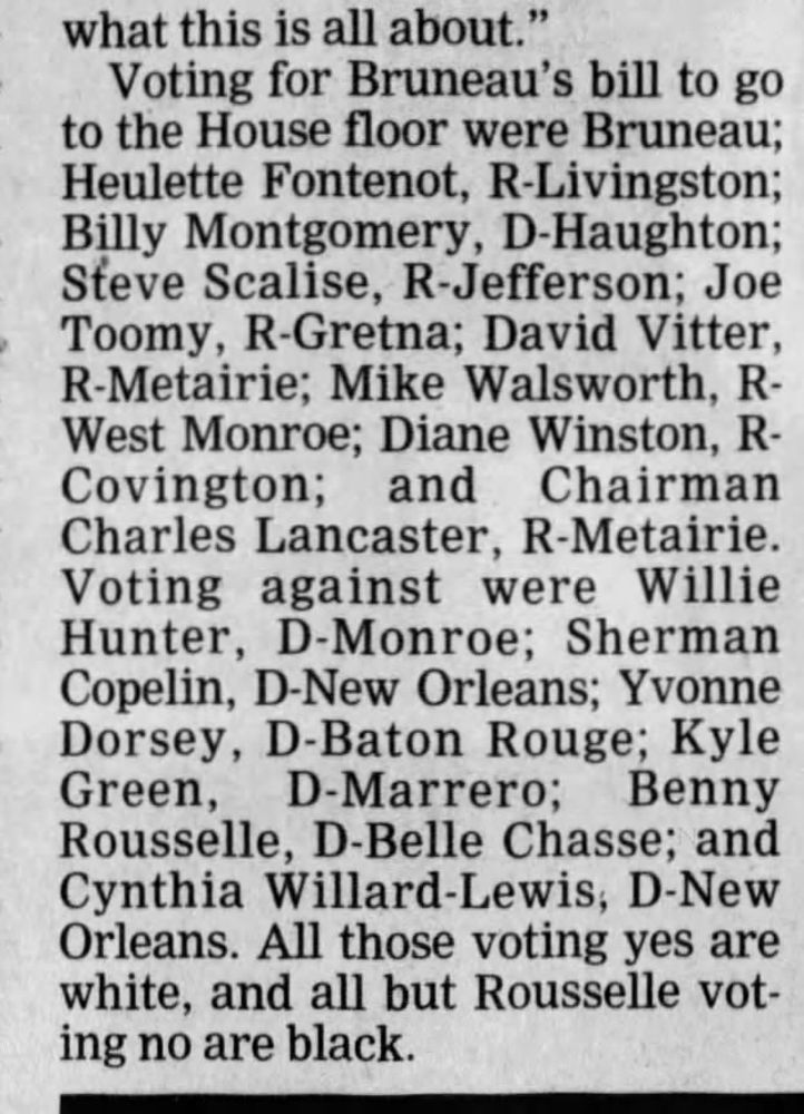 Steve Scalise took office as Louisiana State Representative in 1996 and his first two actions of consequence were his March 1996 vote for a plan to abolish one of two Black majority Congressional districts and his April 1996 statement about slavery.