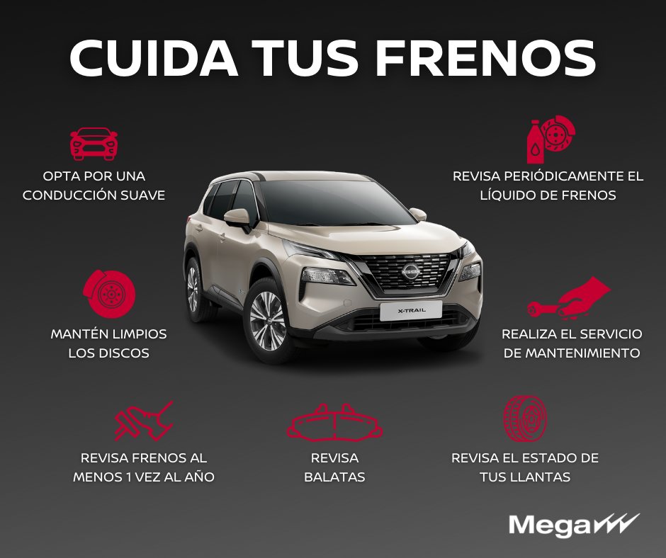 NissanMega's tweet photo. #MegaTip Te dejamos algunas recomendaciones para el cuidado de los frenos de tu auto 🚗😉
#Nissan #NissanMega #Frenos #Cuidado #FelizViernesATodos https://t.co/dWxt9efGLx
