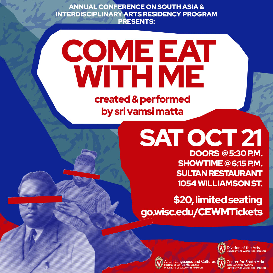 Join us for an unforgettable evening of art and insight, 'Come Eat With Me' by @SriVamsiMatta at @ACSAMadison Explore the intricate connection between caste and food with a captivating performance. Save the date and bring your appetite for knowledge! #ACSA2023 @ACSAMadison