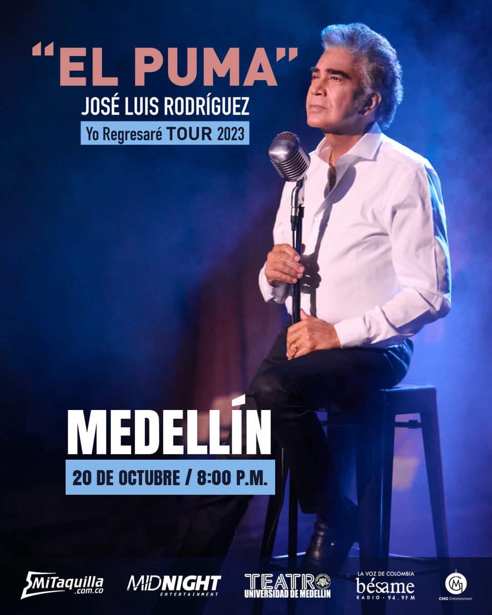 🎤José Luis Rodríguez “EL PUMA”, ante el éxito en su participación en LA VOZ CHILE y nuevos compromisos de nuevas presentaciones en su carrera profesional, reagenda la fecha la gira “YO REGRESARÉ TOUR 2023” COLOMBIA 2023, 
🗓️ 20 de octubre de 2023
📍 <a href="/teatroudem/">Teatro UdeM</a>
⏰ 8:00 p.m.