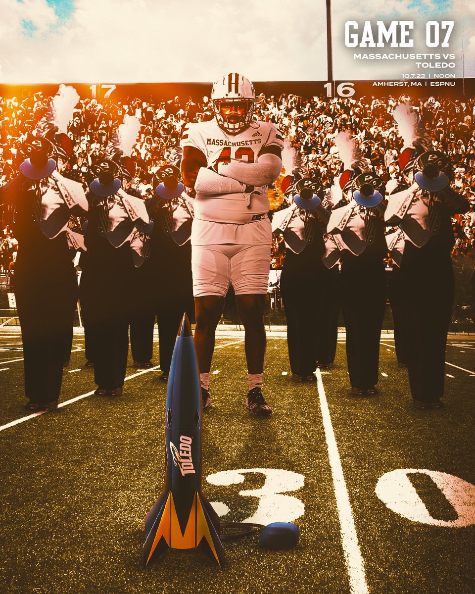 UMassFootball's tweet photo. Wake up, it's GAMEDAY‼️

🆚 Toledo
🏈 Band Day/Pride Day
📍 Amherst, Mass.
🏟️ McGuirk Alumni Stadium
⏰ 12 p.m.
📺 @ESPNU 
💻 https://t.co/WhI7uTrmfU
📻 |📱https://t.co/MmcusaMlnr
📊 https://t.co/OfvmrBdea5

#Flagship 🚩 https://t.co/EQm9IgCDUm