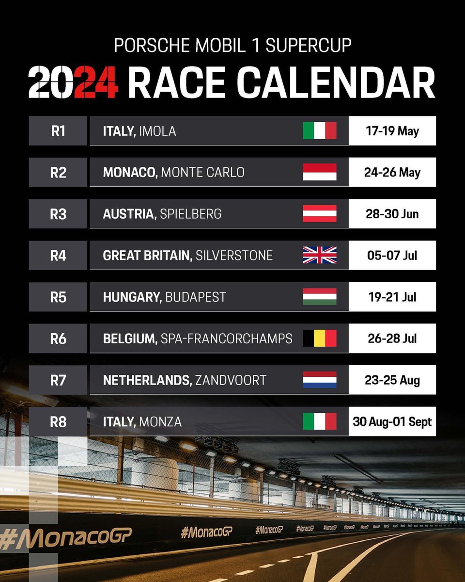 Dates for your 2024 Diary 📔

@PorscheSupercup have revealed the dates for 2024, the 8 rounds will again be part of the @F1 weekend’s. Starting in Italy in May at @autodromoimola #PorscheOnTrack #PorscheMobil1Supercup

#PorscheMotorRacing🔴🟡🔵⚫️