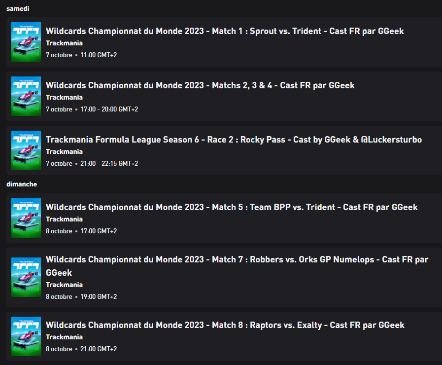 TMGGeek's tweet photo. Le planning du week-end : Le dénouement des Wildcards pour les Mondiaux, avec une petit dose de TMFL en plus !
A demain ✌️
#TOTHELINE #ROADTOWC https://t.co/K6a9YMLSRR