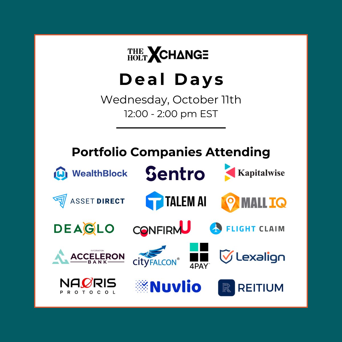 Our Virtual Deal Day is on Oct. 11 where our advisors get to connect with some of our top portfolio companies, including <a href="/WealthBlockAI/">WealthBlock.AI</a> <a href="/Sentroapp/">Sentro</a> <a href="/KapitalWise/">Kapitalwise</a>  <a href="/HealthTalem/">Talem Health Analytics</a> <a href="/Mall_IQ/">Mall IQ, Inc</a> <a href="/DeagloInc/">Deaglo</a> <a href="/CONFIRMU2/">Confirmu.com</a> <a href="/volenretard/">volenretard</a> <a href="/CityFalcon/">CityFALCON</a> <a href="/4PAYINC/">4PAY</a> <a href="/LexAlignPBC/">LexAlign PBC</a> <a href="/NaorisProtocol/">Naoris Protocol</a> <a href="/reitium/">REITIUM</a>
