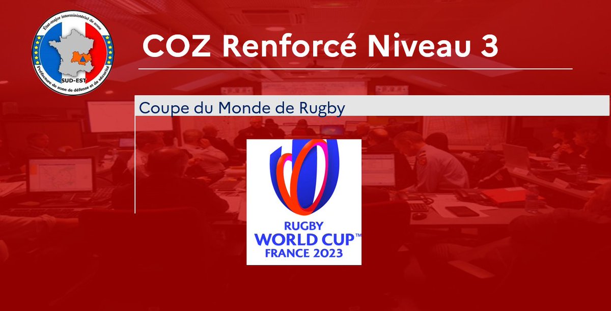 [#RWC2023] 🔴@coz_sudest active sa posture renforcée de niveau 3 Match🏉France 🇫🇷 / Italie 🇮🇹 @GroupamaStadium #Lyon Coordination zonale et interministérielle de l’événement assurée : ➡️renfort en personnel EMIZ 👩‍🚒 ➡️présence des services partenaires 👮🏥🪖