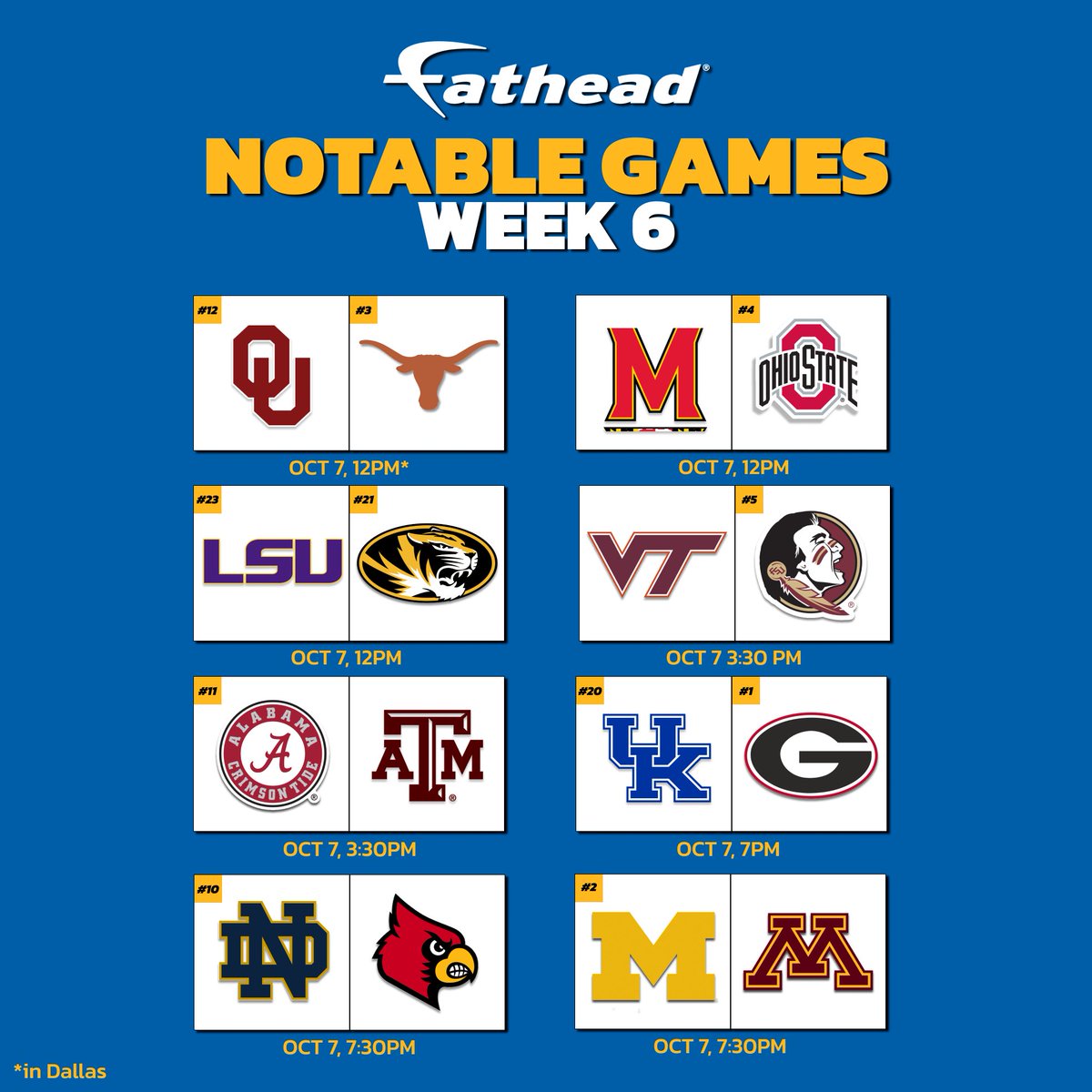 Fathead's tweet image. Who's on upset alert this weekend? 🤔 Here's the list of big games. #CollegeFootball #UpsetAlert #RedRiverRivalry #OhioState #RollTide #LSU #Georgia #FightingIrish #Michigan