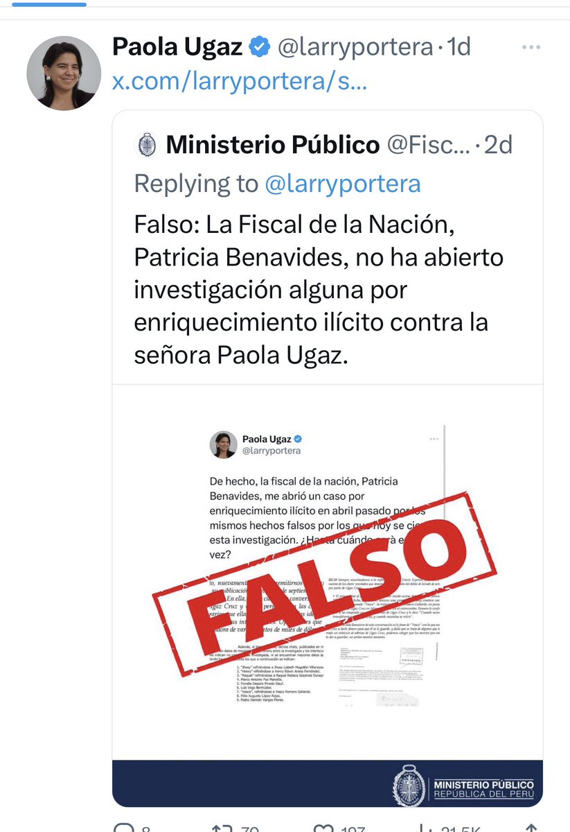 larryportera's tweet image. Lluvia de sellitos rojos: Cuenta oficial de la @FiscaliaPeru busca sin éxito desmentir a @ensustrece @eloymarchan a @Laencerrona @ocram y a Miki G por publicar noticias de la Fiscal de la Nación, Patricia Benavides. ¿Los asesores sabrán que es una practica estigmatizadora?