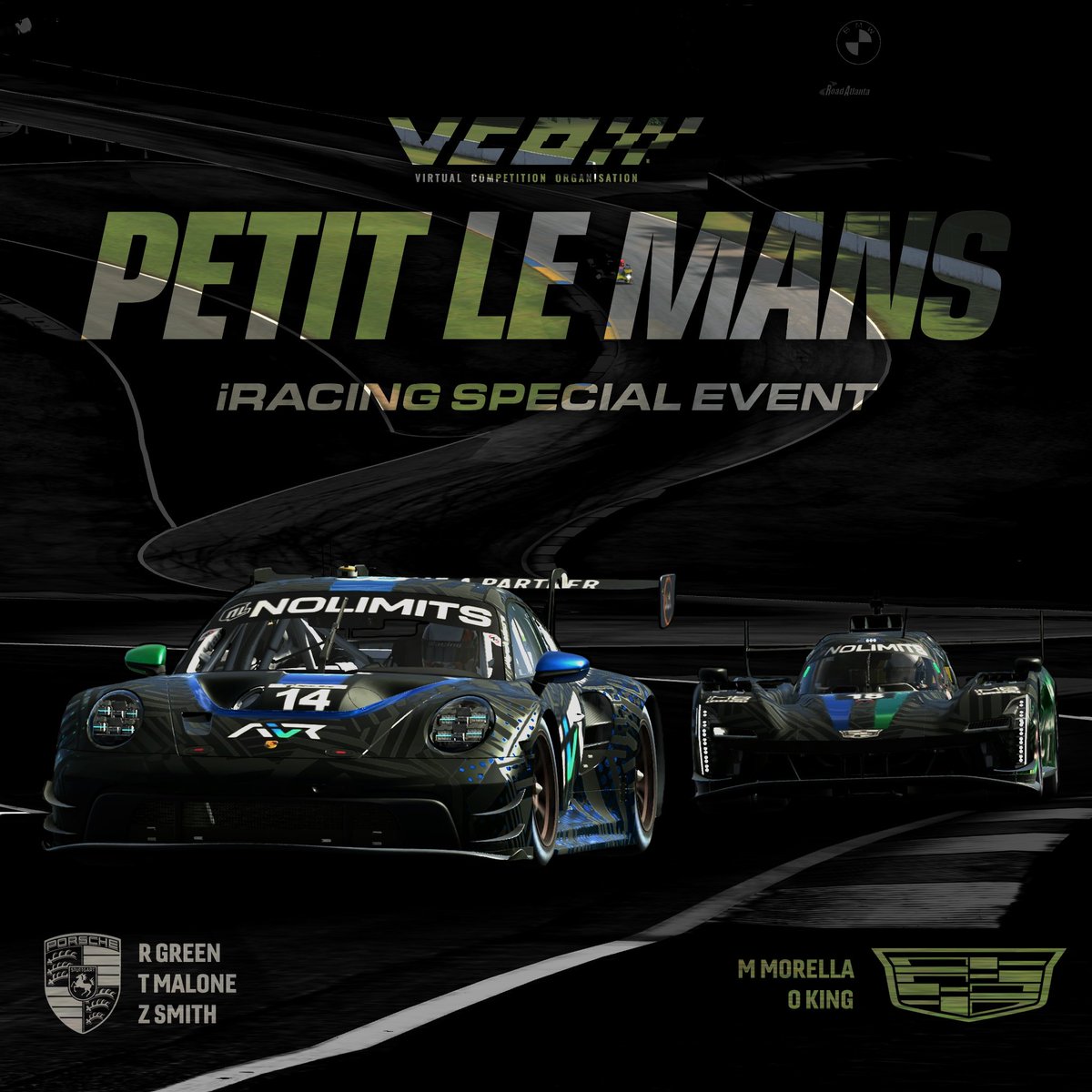 / / PETIT LE MANS / / 

This year we have 2 entries in the iRacing Petit Le Mans Special Event at Road Atalanta! 

<a href="/oGreenyy/">Ryan Green</a>, <a href="/Tommy_3457/">Tommy</a> &amp; <a href="/Sm1thy_333/">Zachary Smith</a> will race in the Porsche GT3, along with @PrinceOK10_ &amp; <a href="/mmorella_sr/">Marino Morella</a> taking to the track in the Cadillac GTP!