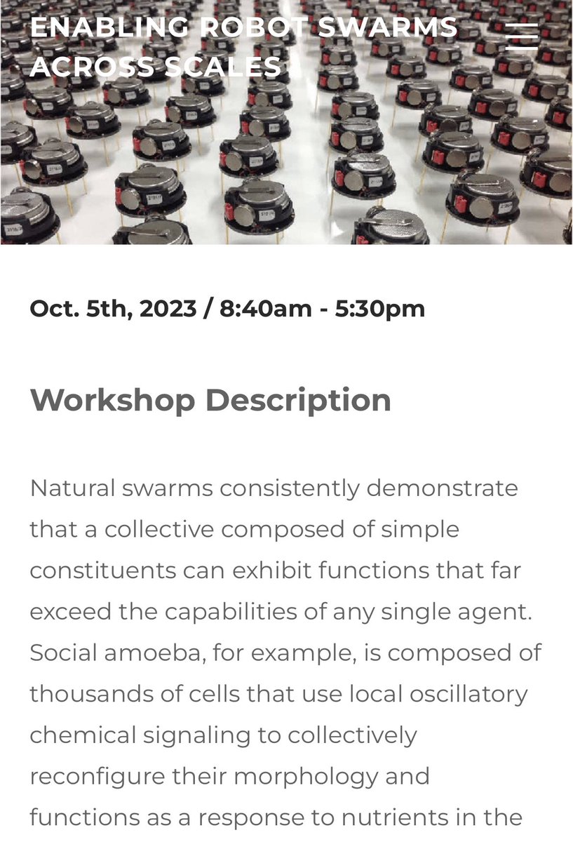 Great #IROS2023 - and a super workshop yesterday on « Enabling Robot Swarms Across Scales ». Thanks to organisers Steven Ceron, Kirstin Petersen, Yufeng Chen and Daniela Rus for inviting such amazing speakers. Lots of new work from the community. 
swarmsatallscales.weebly.com