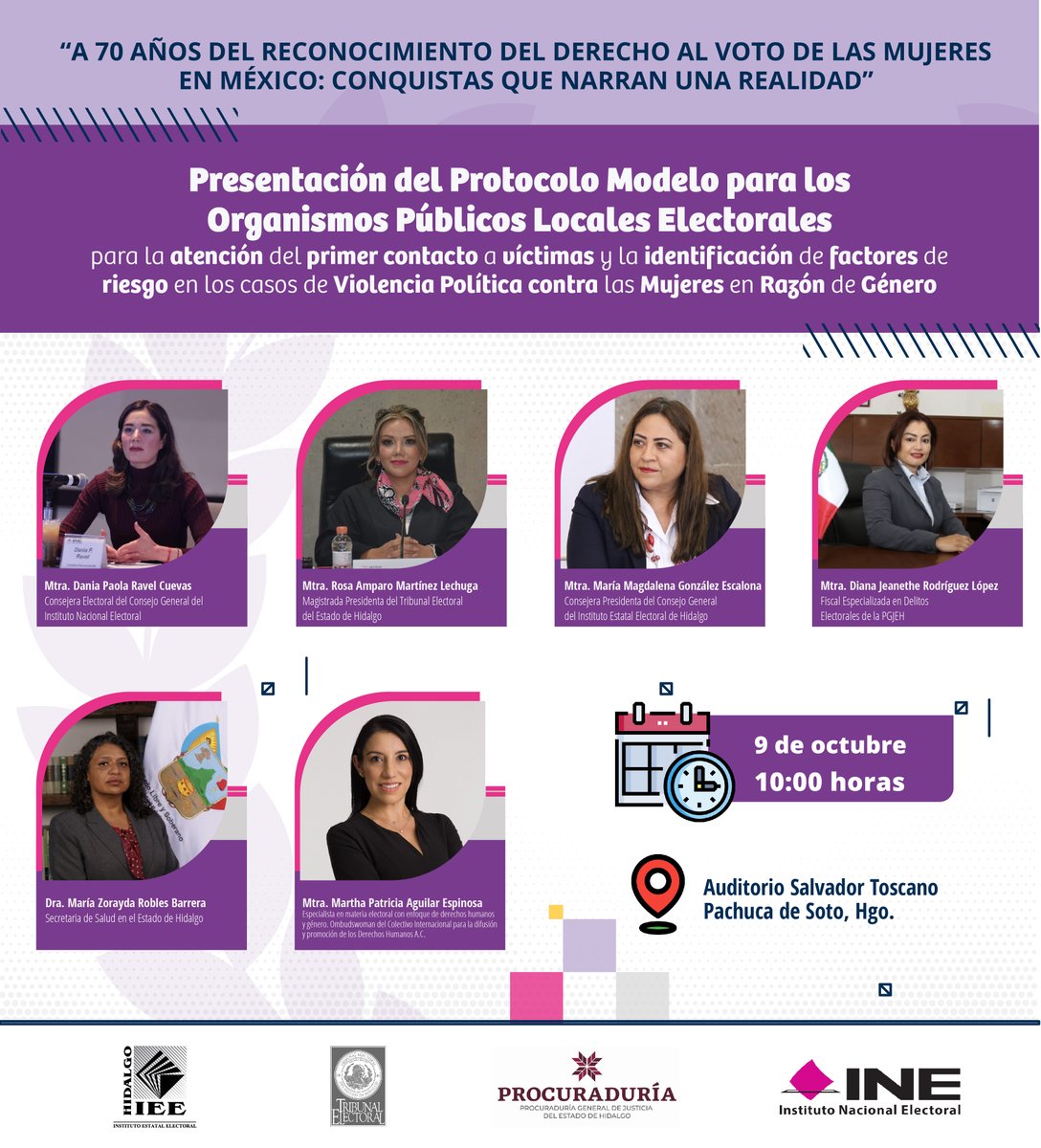 IEEHidalgo's tweet photo. 🟣 Te invitamos a la "Presentación del Protocolo Modelo para los #OPLs para la atención del primer contacto a víctimas y la identificación de factores de riesgo en los casos de #VPcMRG".
📍Auditorio Salvador Toscano, Pachuca de Soto.
🗓Lunes 09 de octubre
⏰ 10:00 horas https://t.co/uZEXhGFiGP