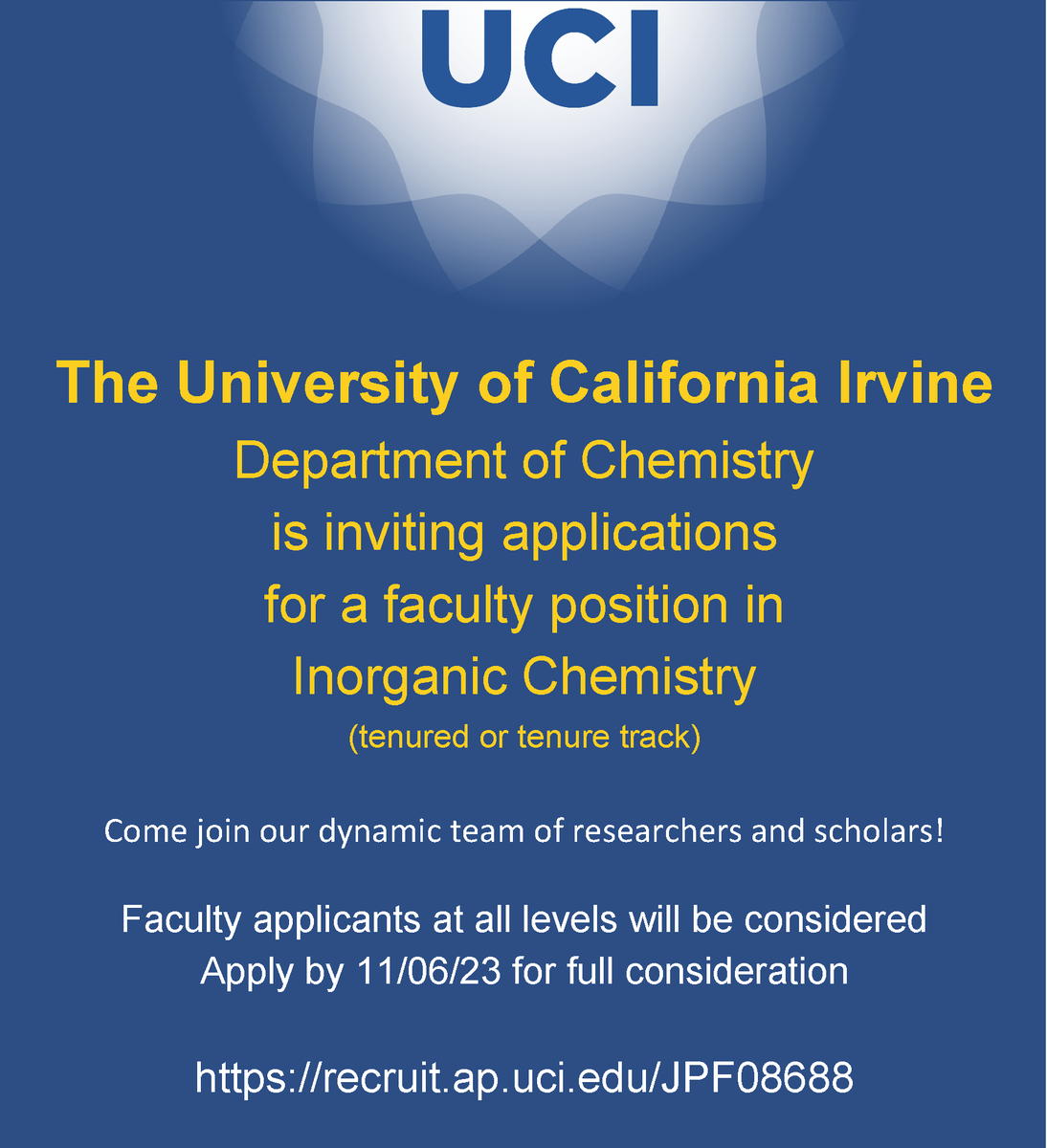 UCI Chemistry is hiring a faculty member in Inorganic Chemistry! recruit.ap.uci.edu/JPF08688