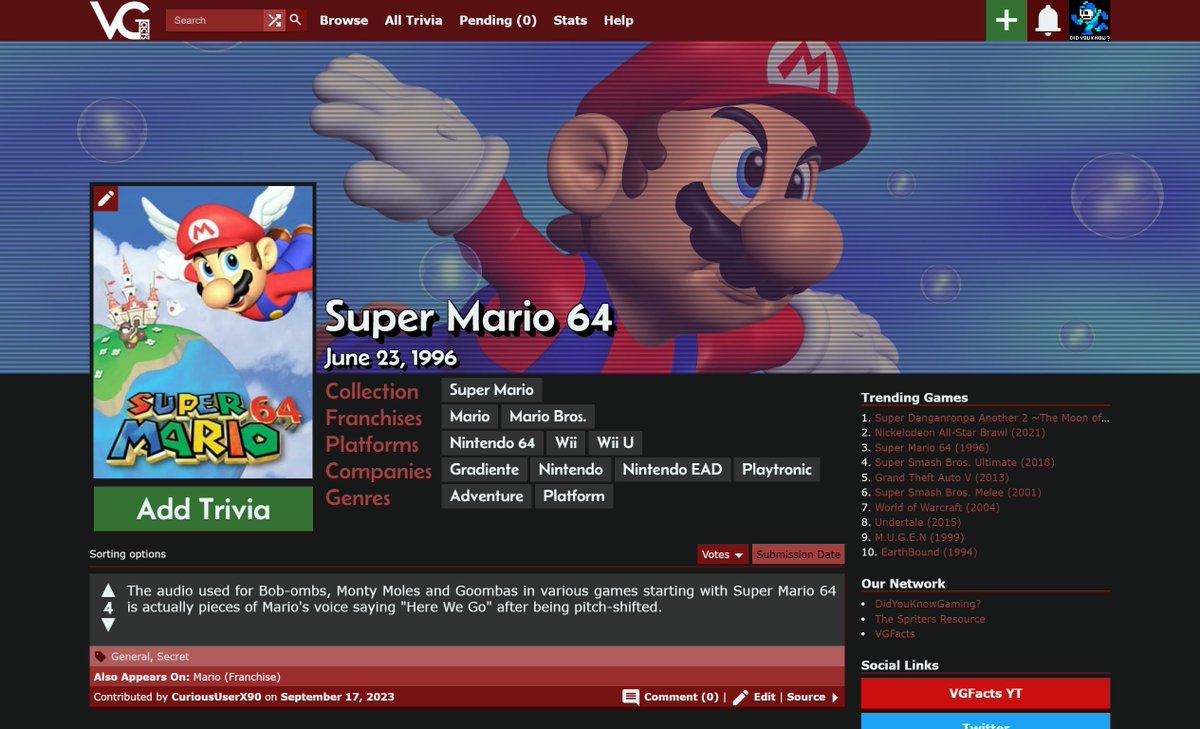 We recently relaunched <a href="/vgfacts/">VGFacts</a> and the site now has more than 16,000 pieces of gaming trivia!

vgfacts.com