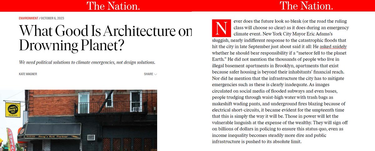 TedGrunewald's tweet image. "The facade of architecture as a force for good is crumbling, and I would posit that the work of the most famous architects is more alienated from the public than ever before."—@mcmansionhell via @thenation 

thenation.com/article/enviro…

#ClimateEmergency #TerminalCapitalism