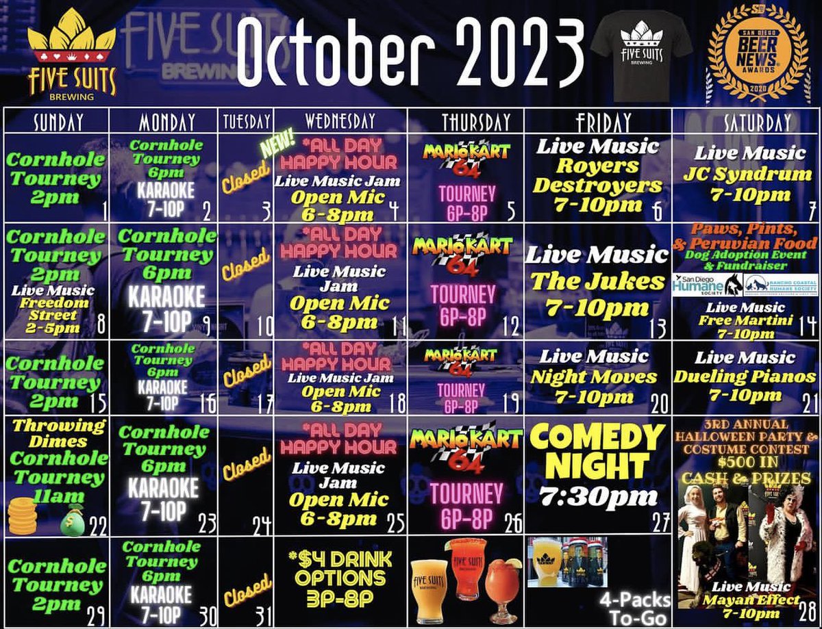 October is PACKED with events at #FiveSuitsbrewery! Check out the calendar and pick your poison... #fivesuits #fivesuitsbrewing #sdbeer #vistabeer #vista #indiebeer #sandiego
#sanmarcos #escondido #carlsbad #oceanside #encinitas #beer #beergeek #beerme #beernerd #northcountysd