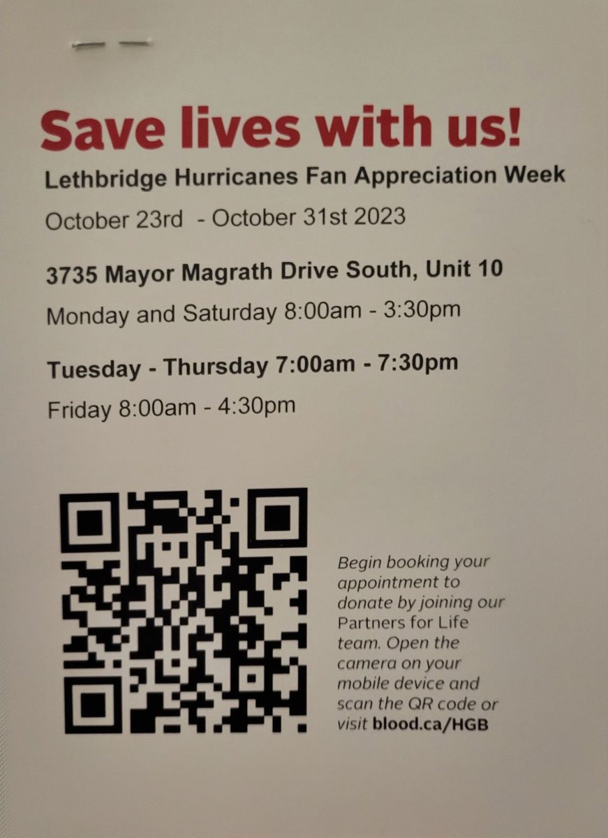 Hey <a href="/WHLHurricanes/">Lethbridge Hurricanes</a> fans. <a href="/loganwormald18/">Logan Wormald</a> is your HGB Player Ambassador. Visit the booth on the concourse to book your appointment to donate plasma or simply scan the QR code. New donors are needed now. 
#GameNight