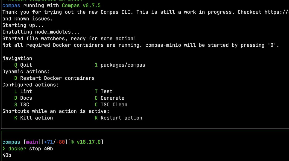 dirkdev98's tweet image. Periodically, Compas checks if the defined Docker containers are still running and prompts to enable them again. 

Could be useful when you are running the Compas dev server of unrelated projects next to each other.