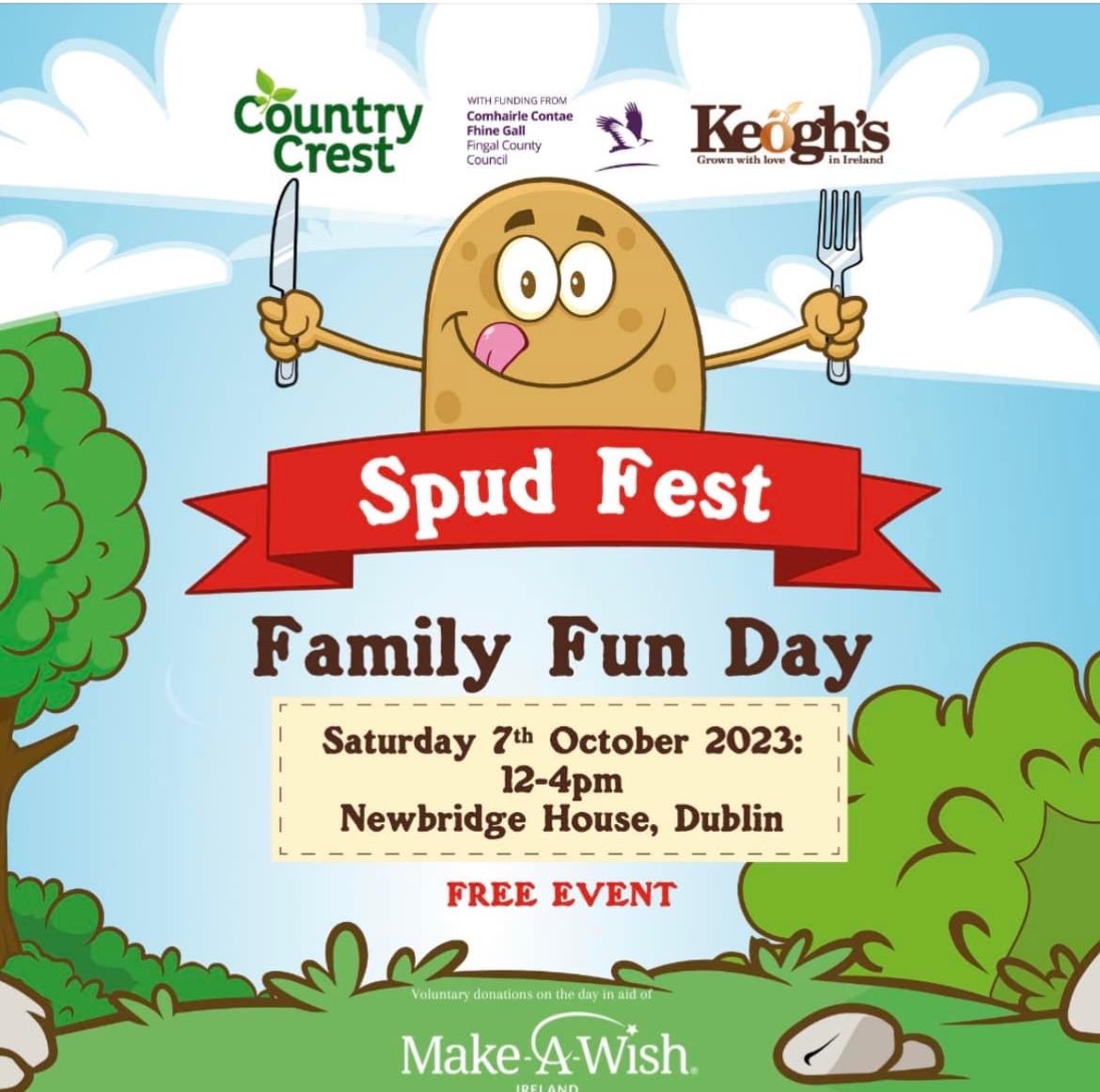 Join Country Crest & @Keoghsfarm @NewbridgeHF tomorrow for a fun family day to celebrate the mighty spud! 🥔🤹‍♀️🎶 We’ll have delicious baked potatoes, games & entertainment & cookery demos by @PadraicOg All donations welcome on the day for Make-A-Wish. #nationalpotatoday