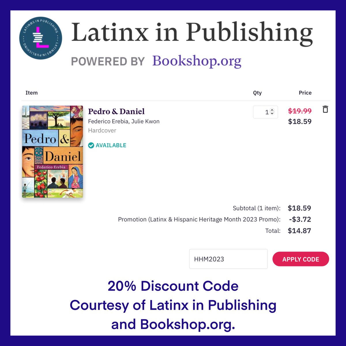 Get PEDRO & DANIEL with a 20% discount at @Bookshop_Org until October 15!

Use Discount Code: HHM2023

Post a picture with PEDRO & DANIEL, and I'll send you swag!

#PedroAndDaniel #PedroWithoutDaniel #BookTwitter #LibraryTwitter #HispanicHeritageMonth #BannedBooksWeek