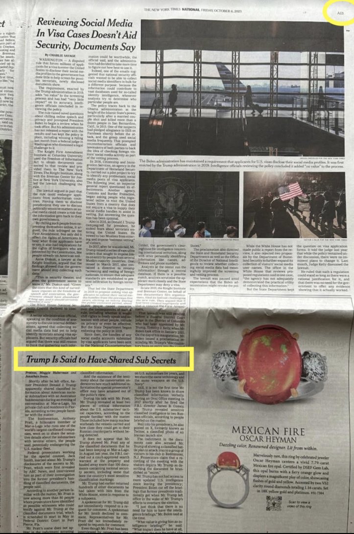 Trump claims the NY Times is unfair to him. Meanwhile they bury the story of him exposing Nuclear Secrets at Mar A Lago on page A13.