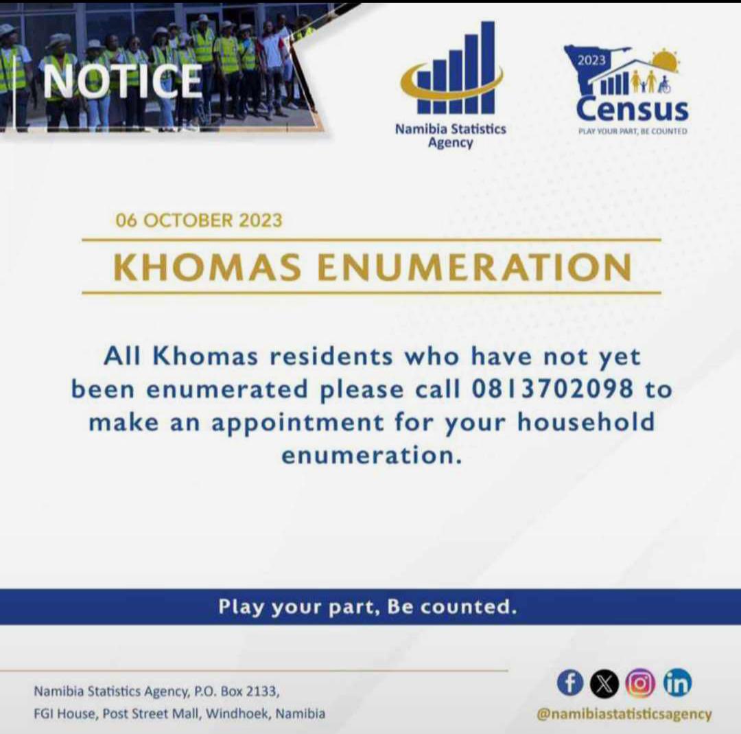 namstatsagency's tweet photo. ⭕️ARE YOU NOT COUNTED?⭕️

Call these numbers below, If you have not been counted in the following regions: 

• Khomas: 0813702098
• Otjozondjupa: 0813826111
• ||Kharas: 0813828363

❗️NB: Stay tuned as we disseminate for the other regions #2023populatuonandhousingcensus https://t.co/1ye1vSiXTa