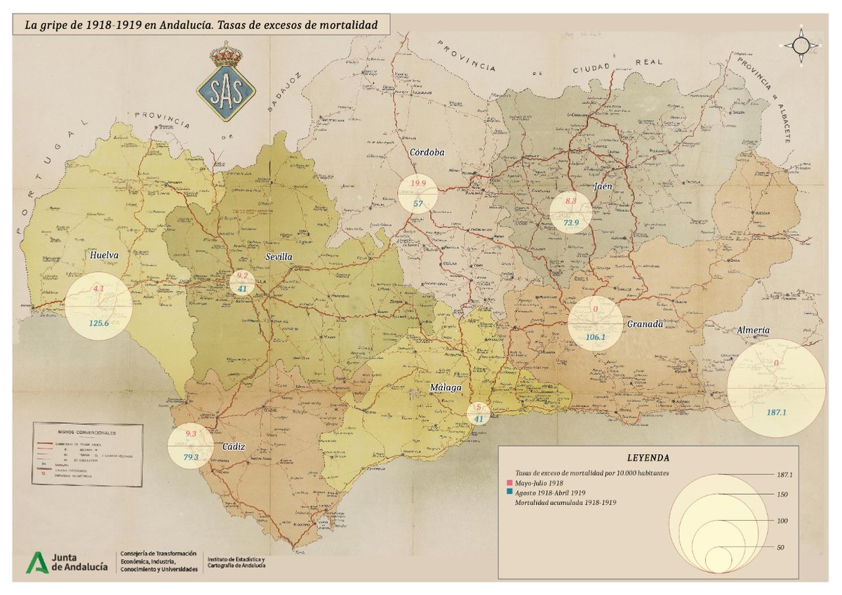 🗺️En nuestra colección dedicada a las #pandemias de Andalucía encontraréis este mapa de la #gripe con información sobre las tasas de excesos de #mortalidad de 1918 a 1919 en #Andalucía
juntadeandalucia.es/institutodeest…