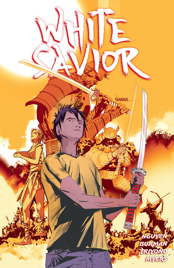 White Savior TPB collects issues #1-4 of the series and is in stores now! This sword-swinging satire has it all--time travel, accidental homicide, mistaken identity, and laughs. bit.ly/3PBjEkH

By <a href="/ImScottBurman/">Scott Burman</a> <a href="/ericnguyenart/">Eric Nguyen</a> &amp; Iwan Joko Triyono.