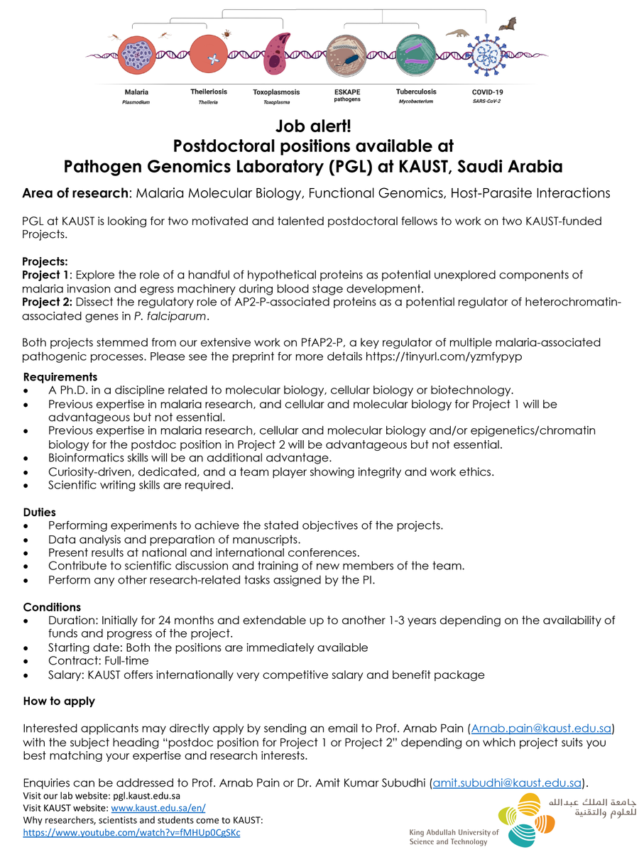 Pathogens@KAUST (@pathogenskaust1) on Twitter photo Job alert! The Pathogen Genomics Group at KAUST is looking for two talented postdocs to join our malaria research program. More details about the job openings can be found below. Please help us to spread this information. #MALARIA <a href="/parasitesrule/">parasitesrule</a> <a href="/veupathdb/">VEuPathDB</a> <a href="/ParasiteSlack/">Parasite Slack</a> Job alert! The Pathogen Genomics Group at KAUST is looking for two talented postdocs to join our malaria research program. More details about the job openings can be found below. Please help us to spread this information. #MALARIA <a href="/parasitesrule/">parasitesrule</a> <a href="/veupathdb/">VEuPathDB</a> <a href="/ParasiteSlack/">Parasite Slack</a>