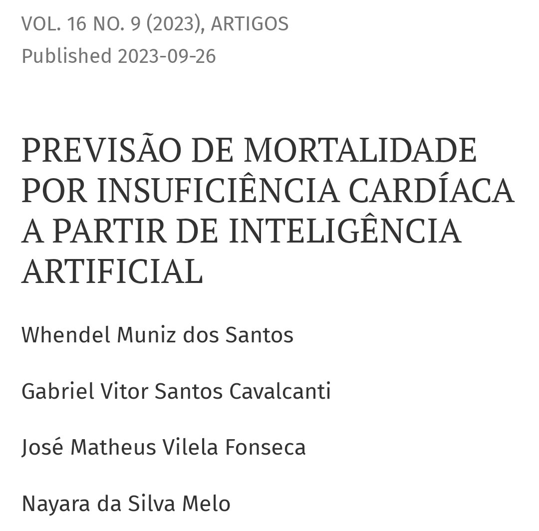 whendelstudy's tweet photo. Um projeto que fiz com 3 amigos, transformamos em artigo e foi publicado em uma Revista Científica 🥳. Trabalhamos no uso de IA para prever morte por Insuficiência Cardíaca. Para quem quiser dar uma olhada, aqui está o DOI: https://t.co/v4bH92FSaP
#Science #collegetwt #studytwt https://t.co/Rwe2vyfyxc