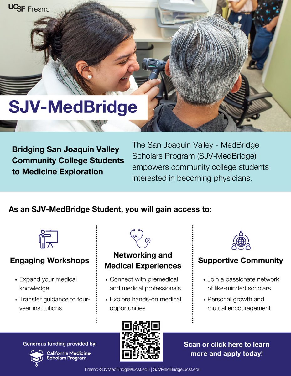 📢Current students at @fresnocity who are interested in going to med school!

SJV-MedBridge (led by @UCSFFresno) is a pathway program for students in the  #SanJoaquinValley that guides you from community college to med school. 

Learn more and apply at: sjvmedbridge.ucsf.edu