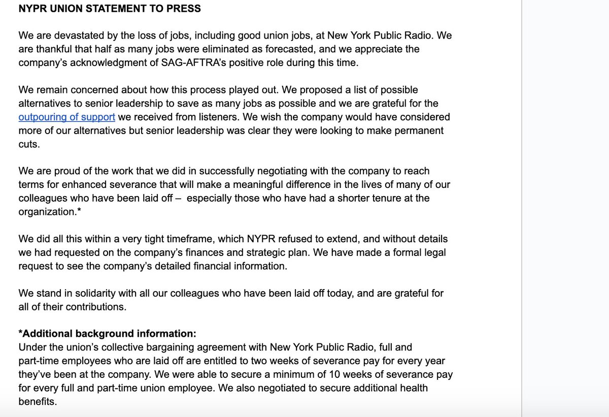 New York Public Radio - Union (@nypr_union) on Twitter photo In case there are media outlets covering the layoffs that took place yesterday, here is the official statement from the NYPR Union stewards. In case there are media outlets covering the layoffs that took place yesterday, here is the official statement from the NYPR Union stewards.