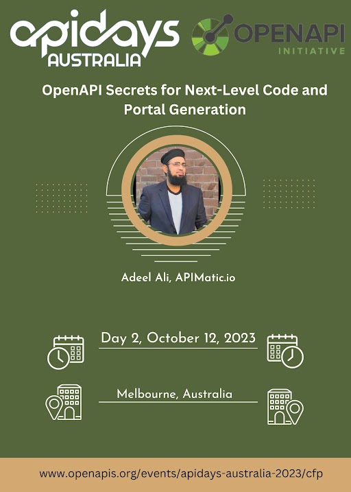 Next week! Adeel Ali, Founder & CEO at APIMatic.io, will be covering “OpenAPI Secrets for Next-Level Code and Portal Generation” as a part of the #OpenAPI Track at apidays Australia, Oct 12! @Adeelali25 #APIs #APIDays openapis.org/blog/2023/09/0…