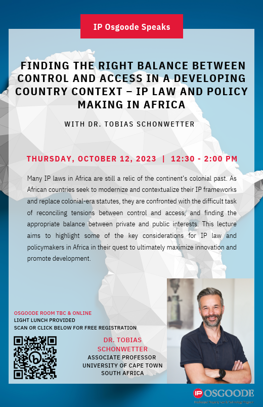 IP Osgoode (@iposgoode) on Twitter photo We're looking forward to next week's 'IP Osgoode Speaks' event, "Finding the Right Balance between Control & Access in a Developing Country Context", ft. <a href="/AfricanIP/">UCT IP Unit</a>'s <a href="/tobyschonwetter/">Tobias Schonwetter</a>! Join us online or in person <a href="/OsgoodeNews/">Osgoode Hall Law School of York University</a>, Thurs, Oct 12, 12.30pm. RSVP: machformext.osgoode.yorku.ca/machform/view.… We're looking forward to next week's 'IP Osgoode Speaks' event, "Finding the Right Balance between Control & Access in a Developing Country Context", ft. <a href="/AfricanIP/">UCT IP Unit</a>'s <a href="/tobyschonwetter/">Tobias Schonwetter</a>! Join us online or in person <a href="/OsgoodeNews/">Osgoode Hall Law School of York University</a>, Thurs, Oct 12, 12.30pm. RSVP: machformext.osgoode.yorku.ca/machform/view.…