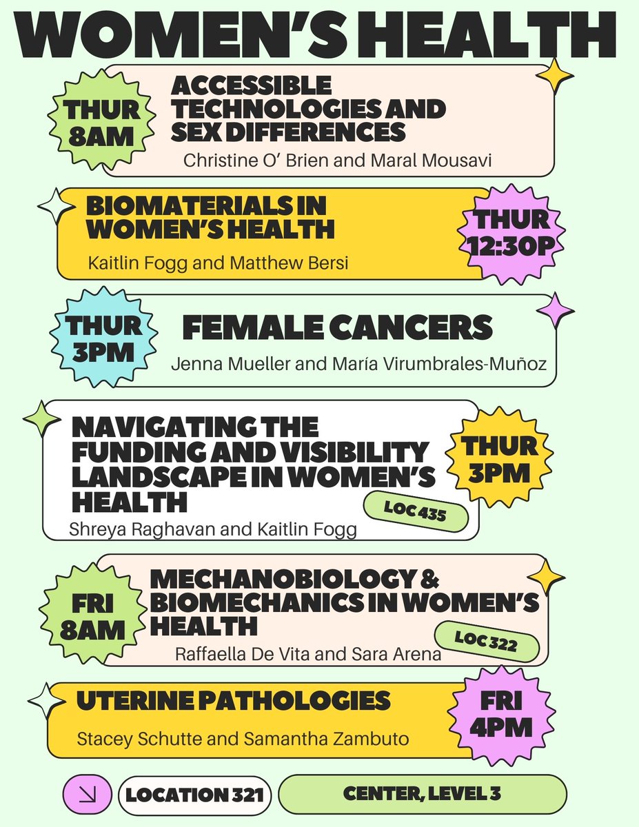 Women's Health programming @BMESociety #BMES2023 is live! 
🚨Now includes accessible technologies, chronic diseases, sex differences, and uterine and gynecologic conditions!
Chairing the Women's Health track has been an honor 🥰 Come see us at any/all of our 6 sessions!