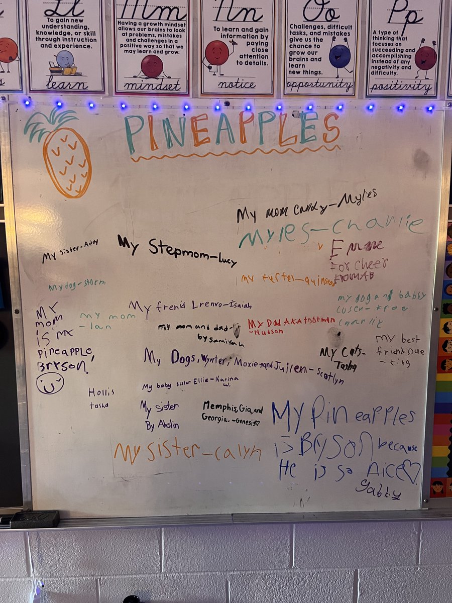 "Be a pineapple. Stand tall, wear a crown, and be sweet on the inside." Our class wrote examples of people who are their "pineapples". I loved hearing these sweet kids discuss ways we can be more like pineapple people! #simplytheBESt <a href="/BESBartlett/">BESBartlett</a>