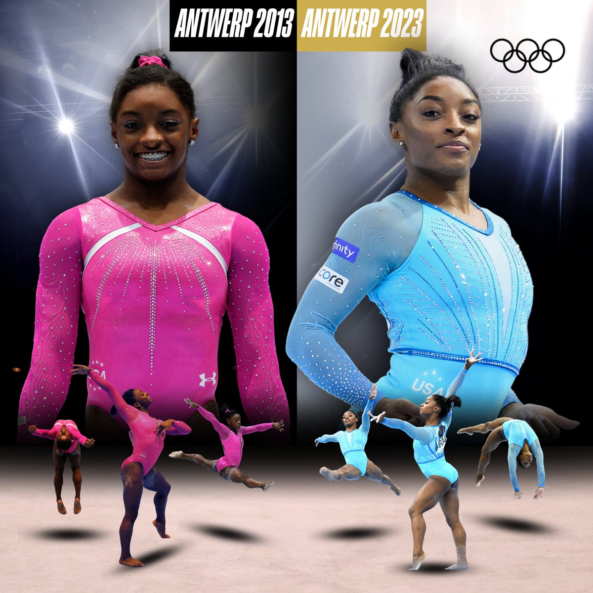 Olympics's tweet image. 10 years dominating the game.

@Simone_Biles entered Antwerp 2013, her first World Champs as a rising star in the sport of gymnastics, taking her first gold, now at #Antwerp2023, she’s cementing her status as a 𝗹𝗲𝗴𝗲𝗻𝗱 of the sport.

A record of combined World (27) &amp;amp; Olympic…