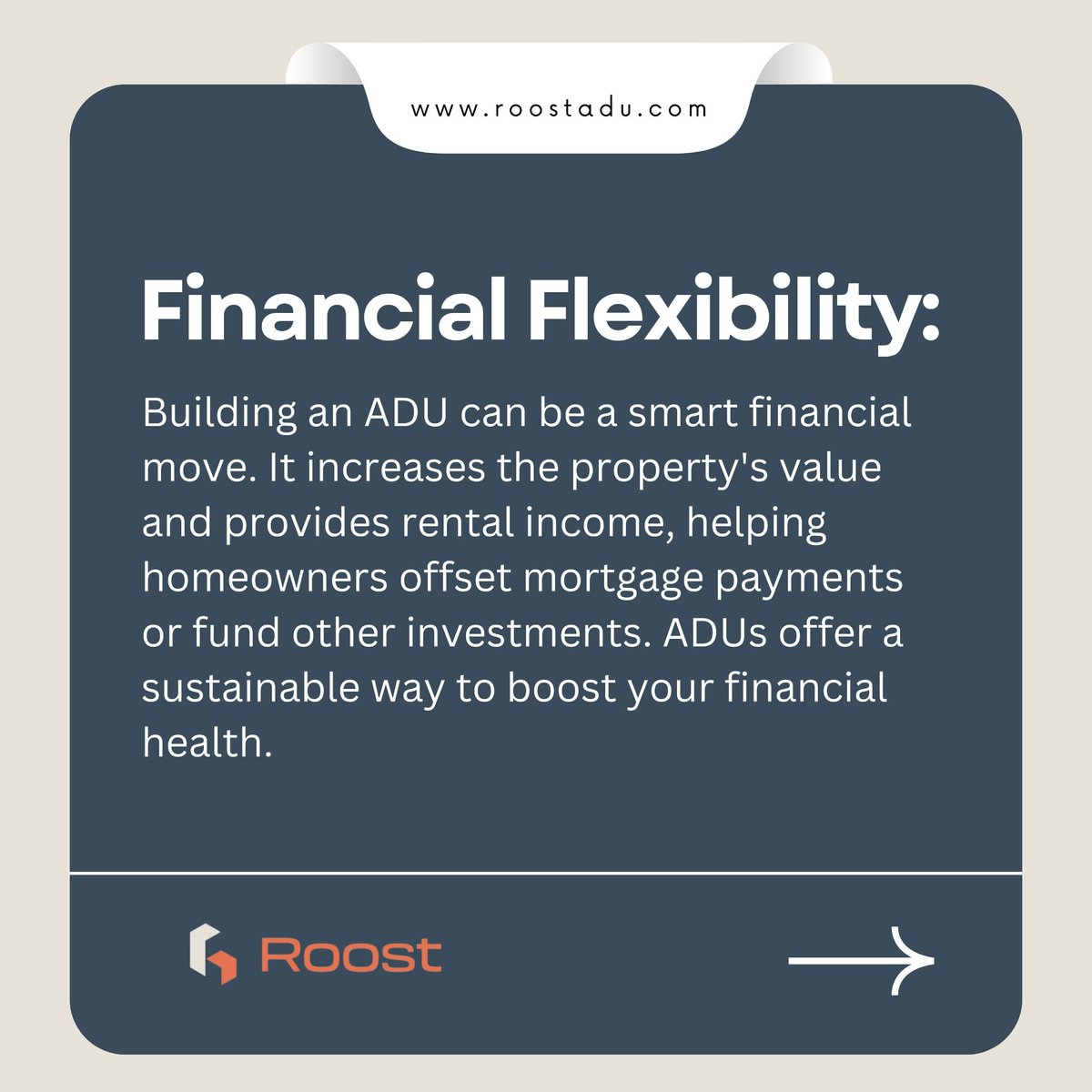 roostadu's tweet image. From versatile living spaces to financial flexibility, our ADUs offer a myriad of benefits. 
Accommodate your needs, enhance your finances, and expand your community, all with Roost ADUs.
.
To explore more, visit our website: roostadu.com
.
#roostadu #versatileliving