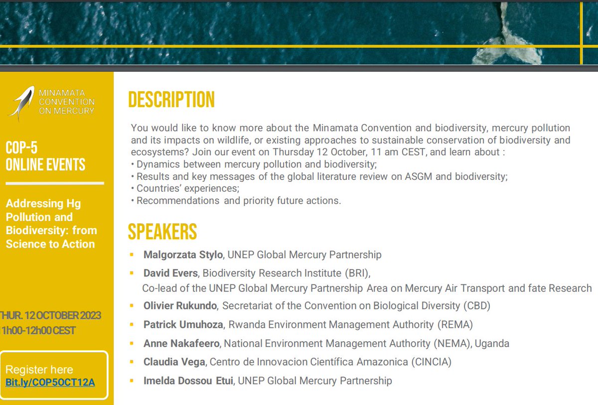 BRI (@biodiversityri) on Twitter photo BRI and UNEP are co-hosting a COP-5 online event on Thursday, October, 12th, 11h00-12h00 CEST, ahead of <a href="/minamataMEA/">Minamata Convention on Mercury</a> titled "Addressing Mercury Pollution and Biodiversity: from Science to Action". Learn more and register here l.facebook.com/l.php?u=https%… BRI and UNEP are co-hosting a COP-5 online event on Thursday, October, 12th, 11h00-12h00 CEST, ahead of <a href="/minamataMEA/">Minamata Convention on Mercury</a> titled "Addressing Mercury Pollution and Biodiversity: from Science to Action". Learn more and register here l.facebook.com/l.php?u=https%…