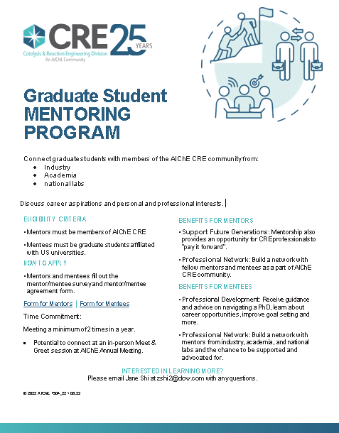 aiche_cre's tweet photo. Are you an AIChE CRE (Div. 20) student member looking for more mentorship ? Check out the new graduate student mentoring program available to students division members!

https://t.co/AG9qmbhm1p

We're also looking for mentors, so help us spread the word!

https://t.co/RfS5YLWFNH https://t.co/KRubD98UvA