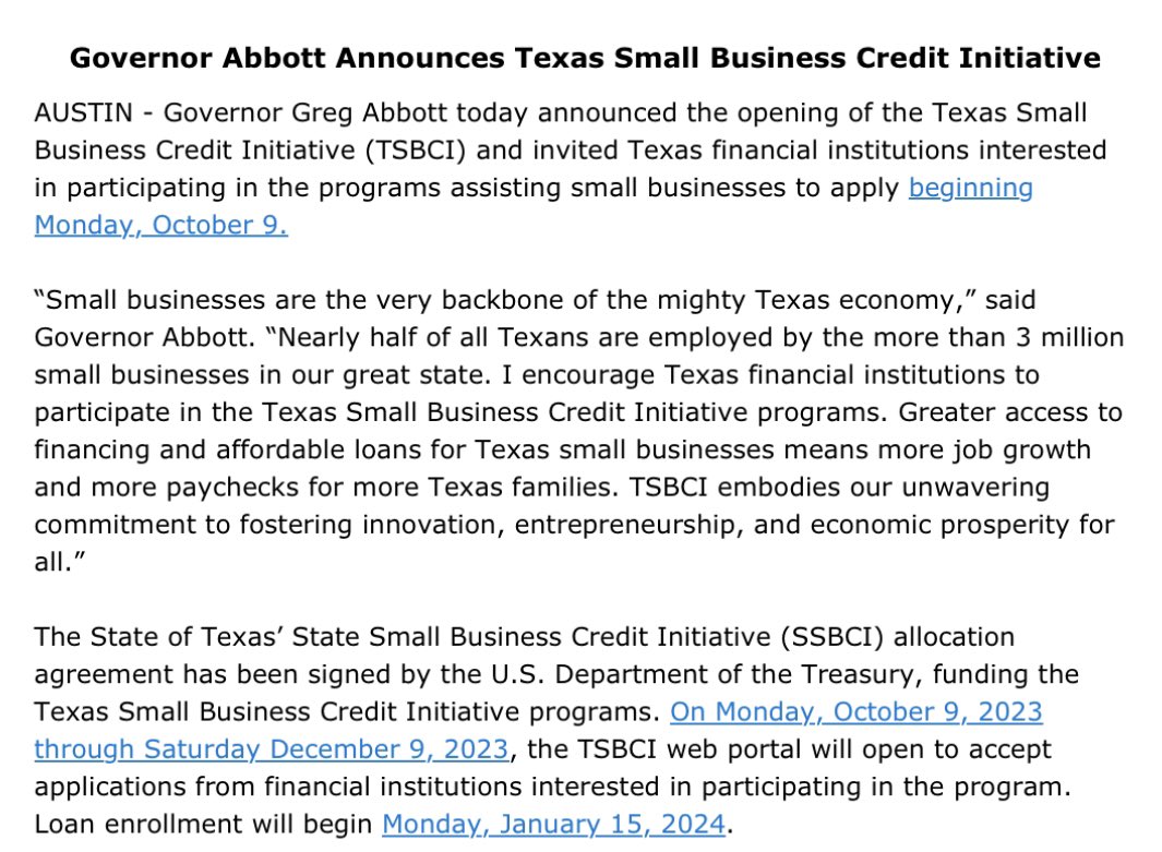 Greg Abbott on X: Texas Small Business Credit Initiative