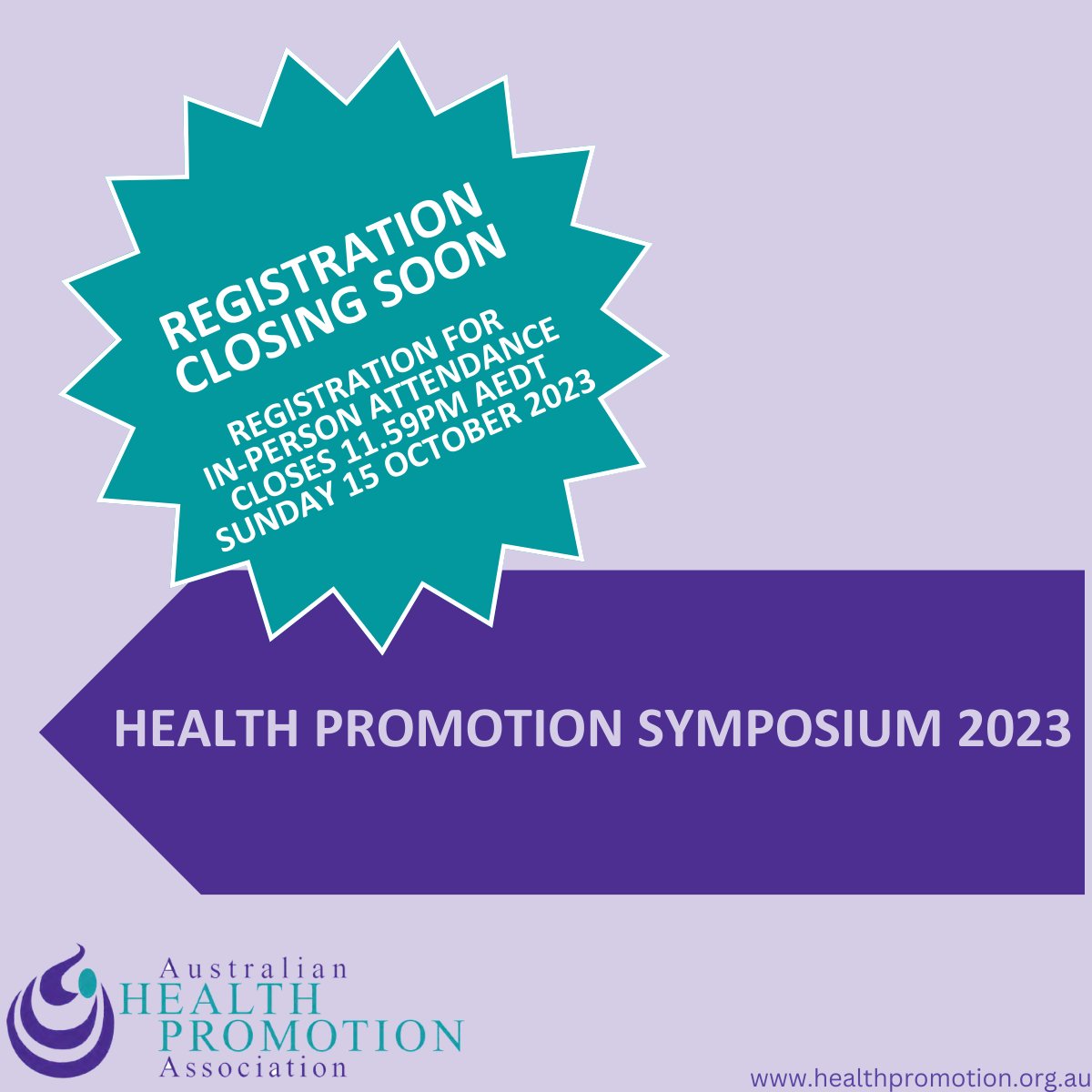 📢Registration for AHPA's Health Promotion Symposium 2023 is closing soon.

Unfortunately, AHPA cannot take any late registrations, so if you're planning to attend &amp; don't have a ticket, please act now to avoid disappointment.

More info: healthpromotion.org.au/news/ahpa-upda…

#hpsymposium2023