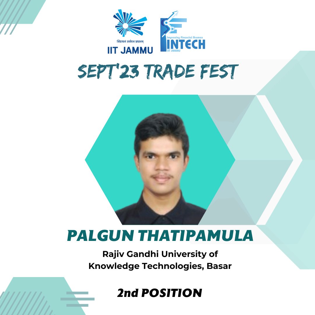 fintechiitjammu's tweet photo. Sept'23 Trade Fest

2nd Position
🥈 Palgun Thatipamula
(RGUKT, Basar)

DC: Isha Singh | @Premveer_Singh_ 
--
@fintechiitjammu @IITJammu
#mocktrading #trading #iitjammu #fintech #finance #stockmarketindia #stocks #stockmarket https://t.co/rnMWgKT2D1