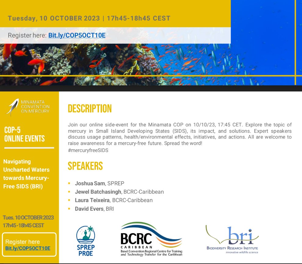 BRI is also part of another upcoming COP-5 online event: Reinforcing the Health Sector's Commitment to the Implementation of the Minamata Convention on Mercury: The Showcase of GEF-UNEP-
WHO Projects on Mercury-added Products
Learn more here: minamataconvention.org/en/meetings/co…...
