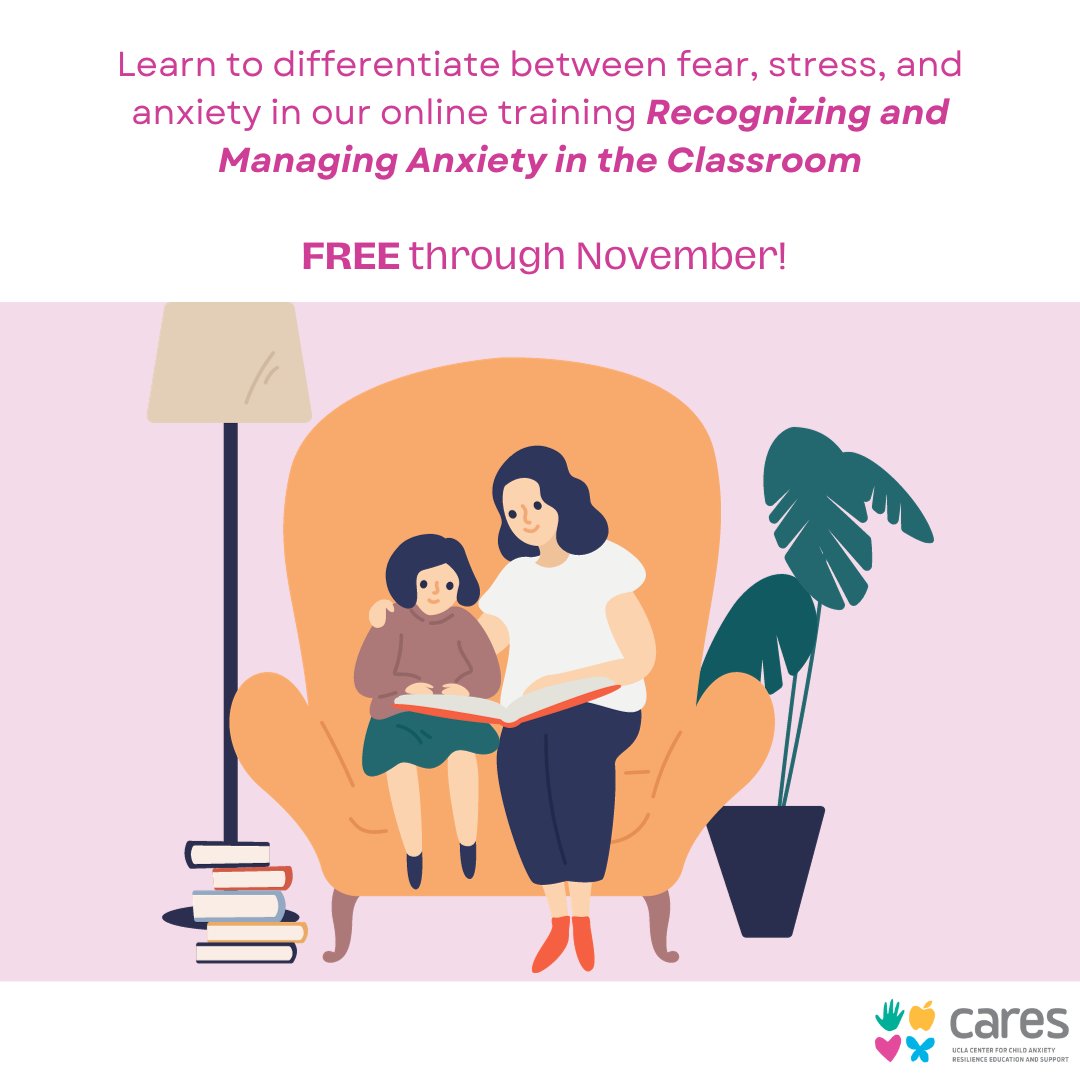 CARESCenter's tweet photo. Fear, stress, and anxiety may have different causes, but they can all feel the same in our bodies and minds. Learn more about the differences (and similarities) in our free online training Recognizing and Managing Anxiety in the Classroom – FREE through November! Link in Bio https://t.co/i25qh2Ys5O