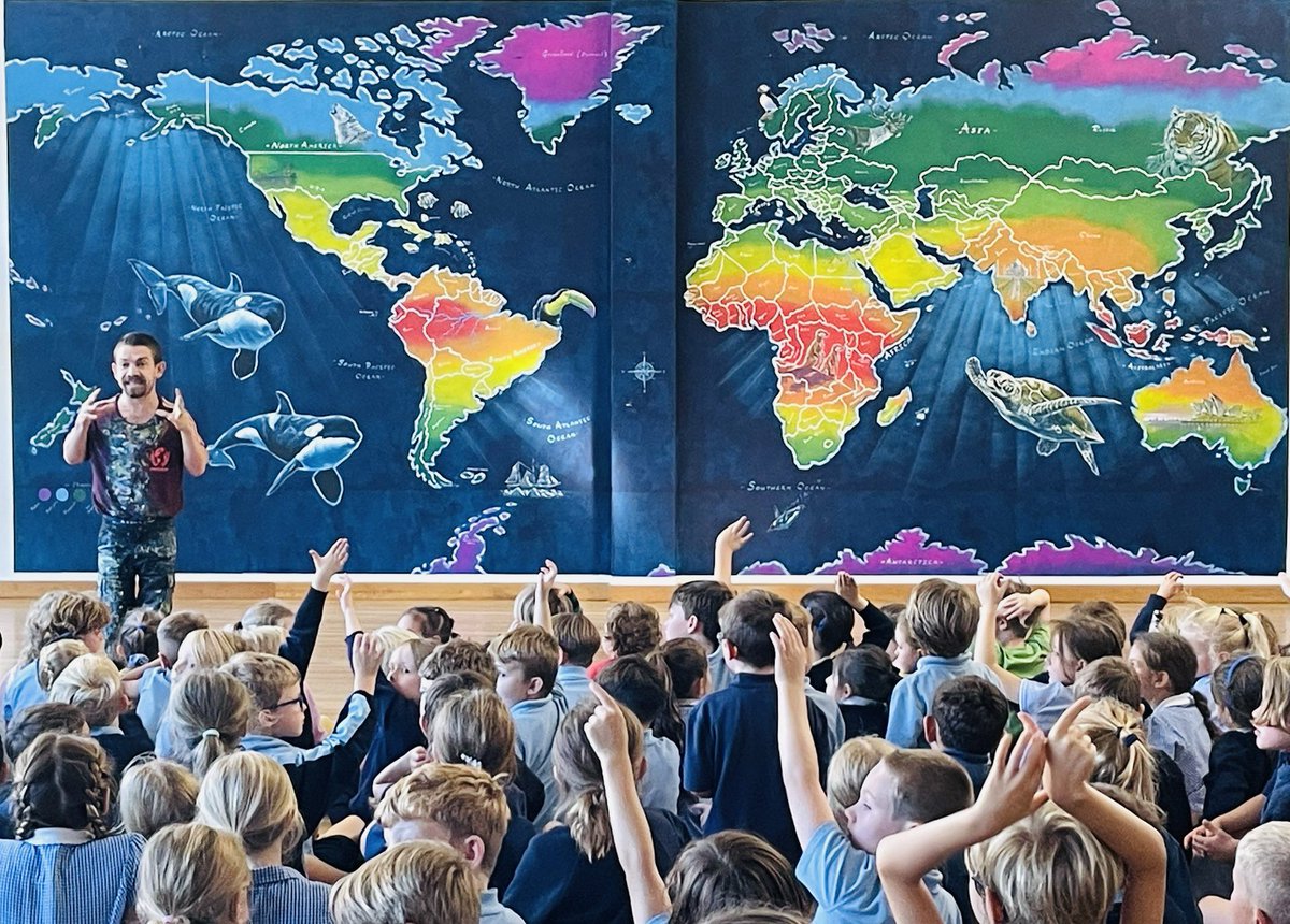 Watching this enormous mural take shape in the hall has fascinated our whole community. Today we discussed continents, countries, climate, landmarks, mountains, rivers….and the realisation that Russia really is very is close to the USA. Thank you <a href="/RoryMcCannArt/">Rory McCann Murals</a>
