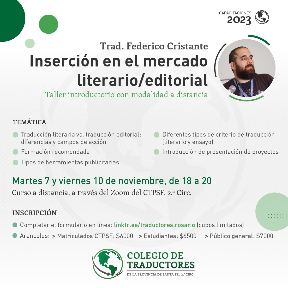 🟢 ¡Nueva capacitación: «Inserción en el mercado literario/editorial»! 📚📖

✍️ Inscripción: bit.ly/MercadoLiterar…

El curso se dictará en español y está destinado a traductores matriculados en CTPSF 1.ª y 2.ª Circ., estudiantes y público en general. 😉

¡Los esperamos! 😄
