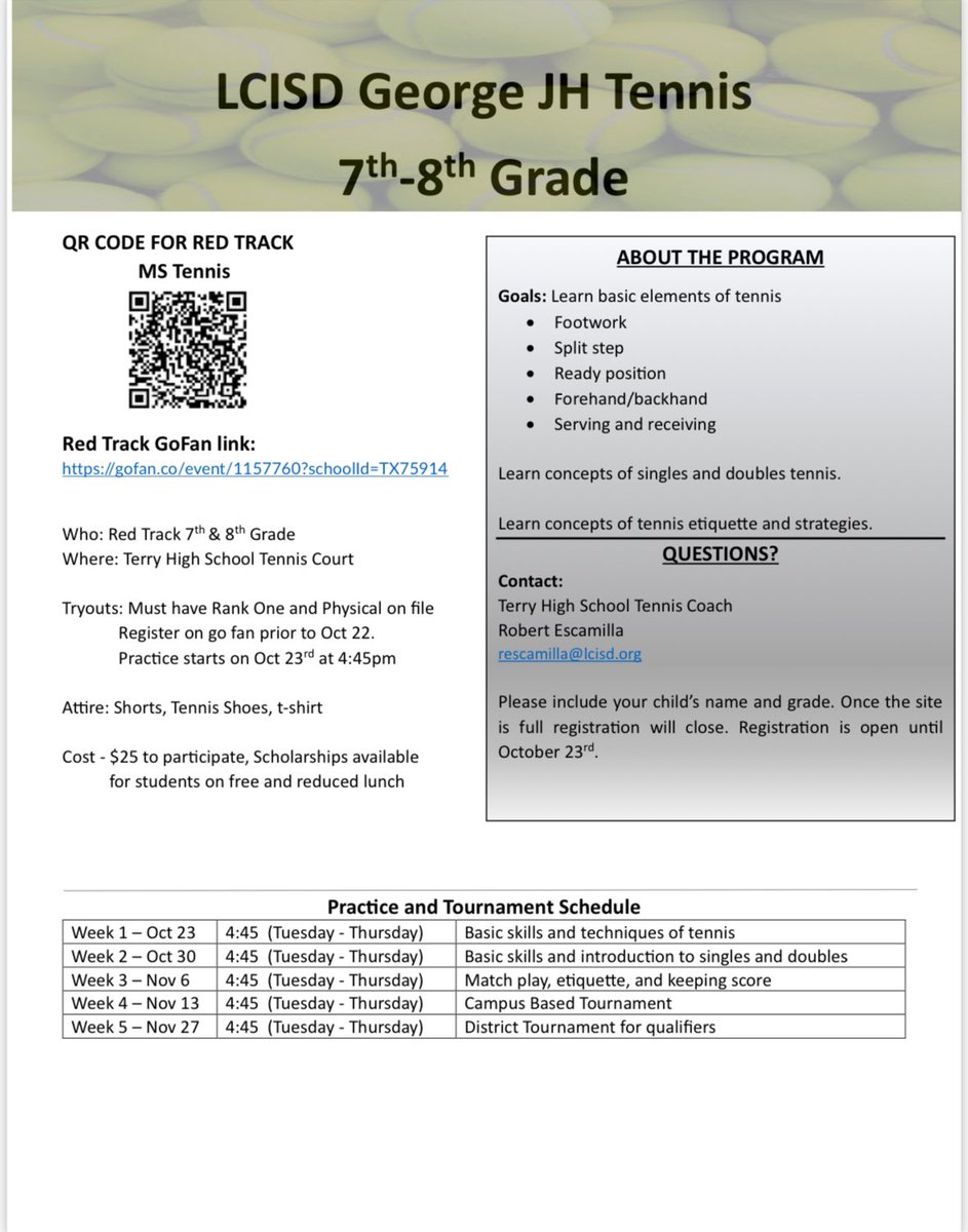🎾 Calling all 7th &amp; 8th graders! Get ready to ace it on the court..Make sure you've got your game face on and your Physical &amp; Rank One online forms completed to secure your spot at tryouts. Let's smash some tennis goals together! #RedTrackTennis @coachford18