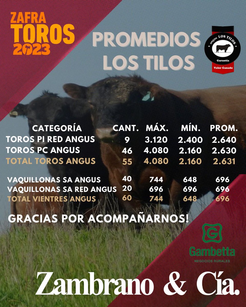 ZambranoyCia's tweet photo. Finalizado el 34º remate anual de Los Tilos compartimos los valores y felicitamos a todos los por negocios logrados! 

@angusLOSTILOS 

#zafradetoros #zambrano #llevatuproduccionalsiguientenivel https://t.co/s13tXubaJ8