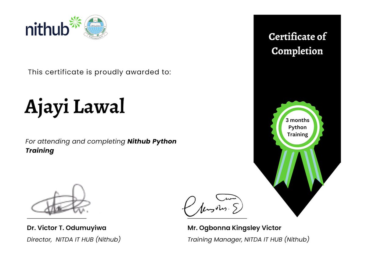 filmsbyalp's tweet image. 🚀 Completed Python training at @Nithub! 🎉 Grateful for the amazing journey, instructors, and support. 📚💪 Join me in celebrating and share your success stories. Let&apos;s inspire the coding community! 🙌👨‍💻 #PythonTraining @nithub_lag #SuccessStory #CodingCommunity