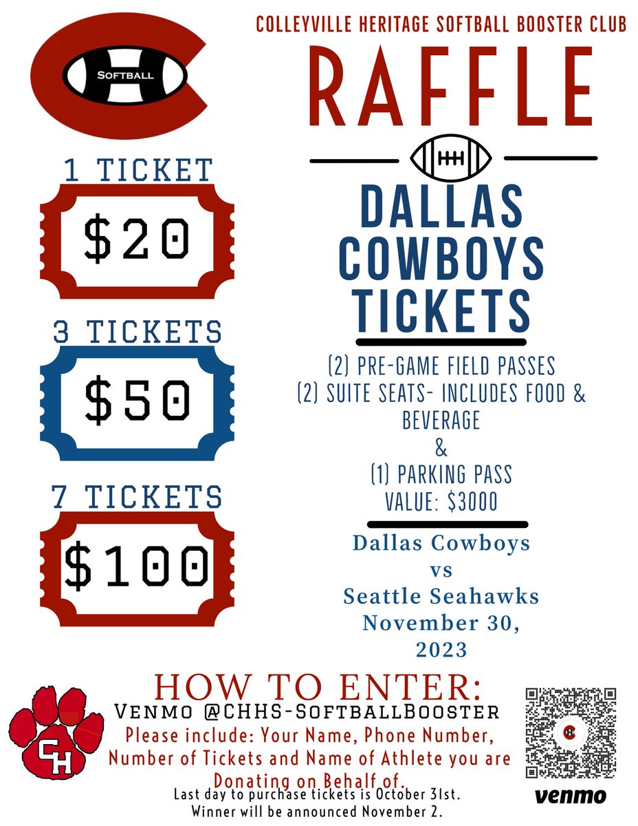 Join the raffle for Cowboys football tickets and support the Colleyville Heritage High school softball team! Win a thrilling game day experience and help young athletes grow in your community. Get your tickets now! <a href="/chhs_softball/">CHHS Softball</a>