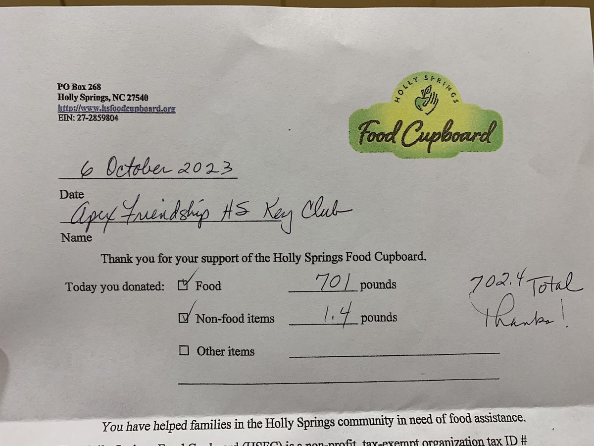 AFHS_Key_Club's tweet image. 702 pounds of food donated to the Holly Springs Food Cupboard! Thank you key clubbers for bringing in those food donations!